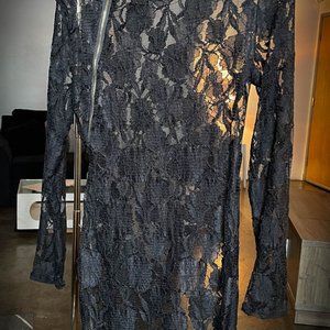 Plus size see-thru lace stretch zip-up night club sexy bodycon dress (No lining)